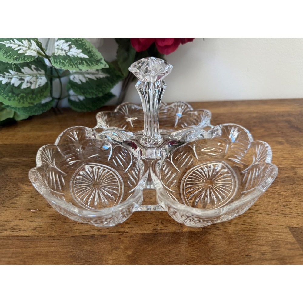 Vintage Clear Pressed Glass Divided‎ Relish Dish with Handle